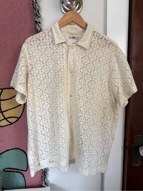 Bode Men’s Cream Short-Sleeve Lace Button-Down Shirt
